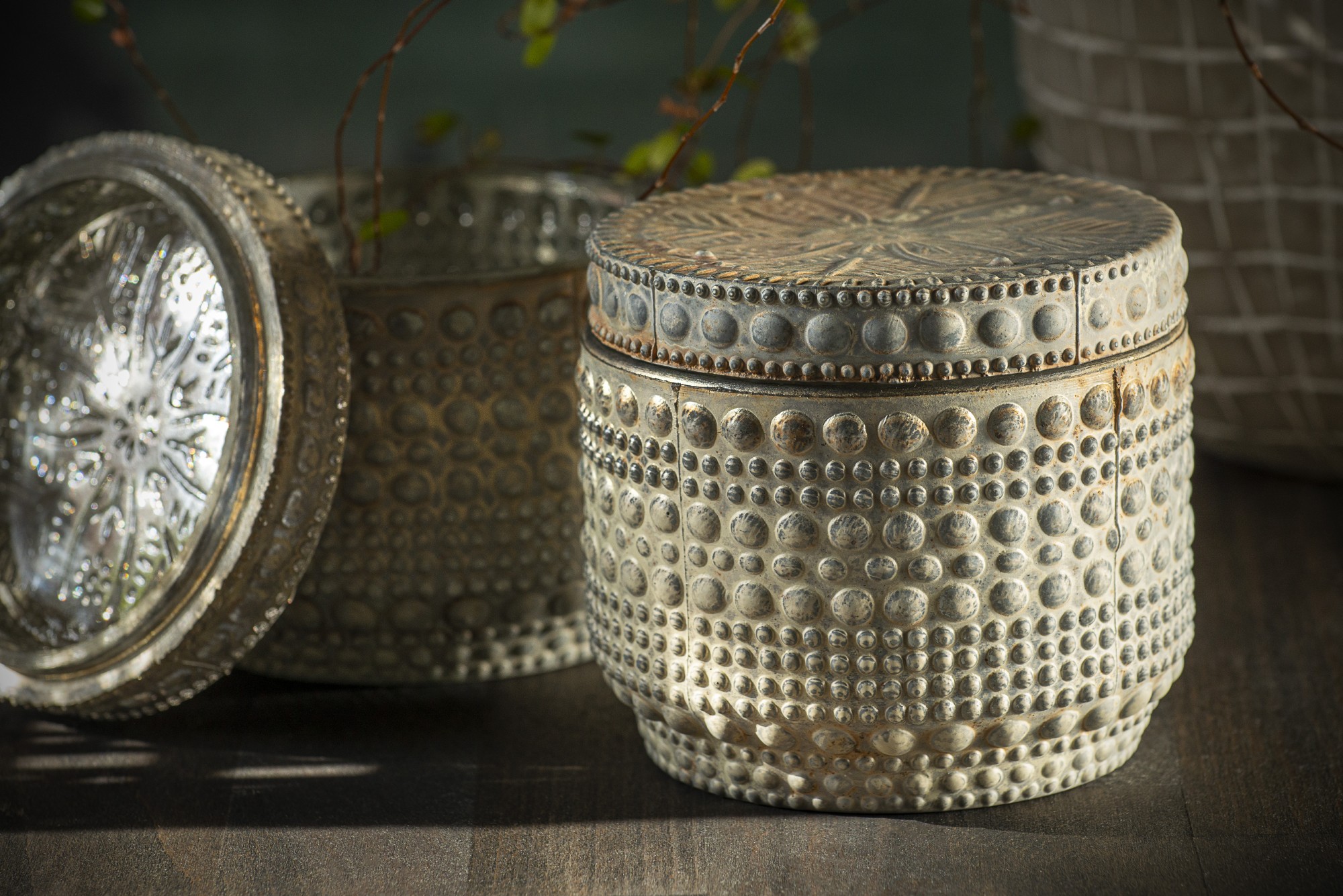 Glasschatulle mit Deckel, antik silber, Ø 10,5 cm, H 9,5 cm von fischer's lagerhaus