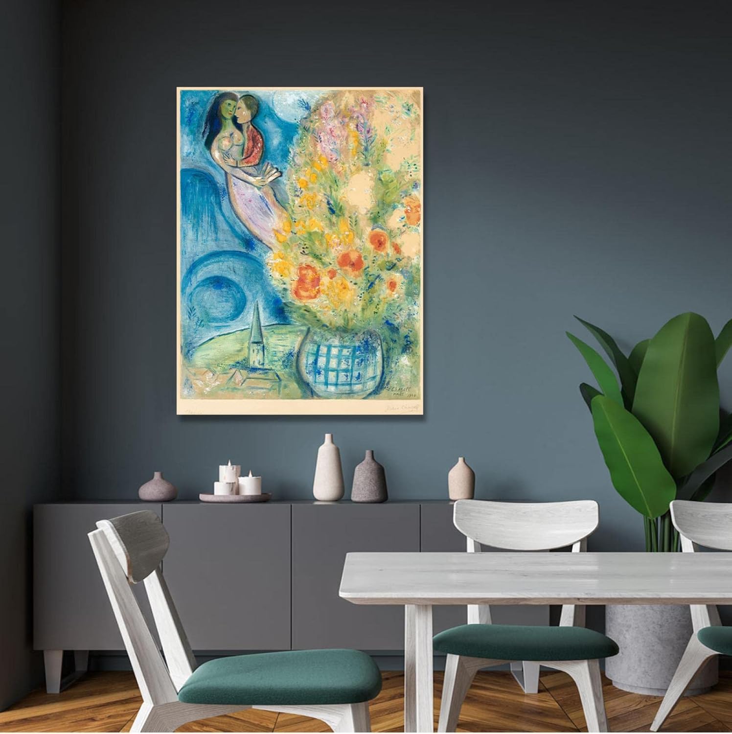 Marc Chagall Kunstdrucke Les Coquelicots Village Poster Klassische Kunst Reproduktionen Surrealismus Leinwand Wandkunst für Wohnen Wanddekoration 120x80cm Innenrahmen