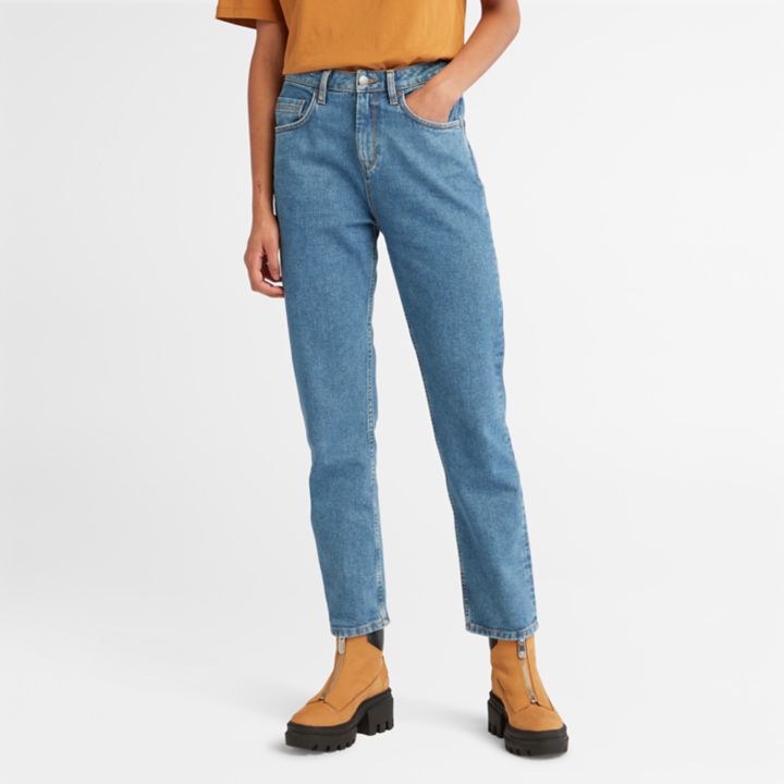 Calça jeans feminina de cintura alta em cânhamo azul claro.