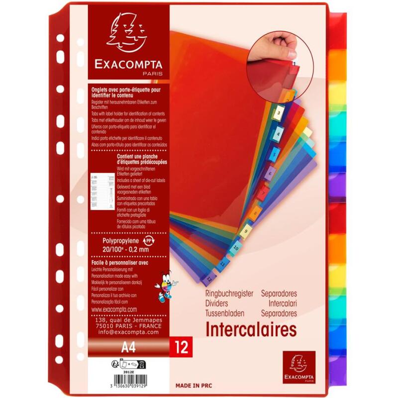 Intercalaires A4 PP transparent couleurs avec porte étiquette 12 positions