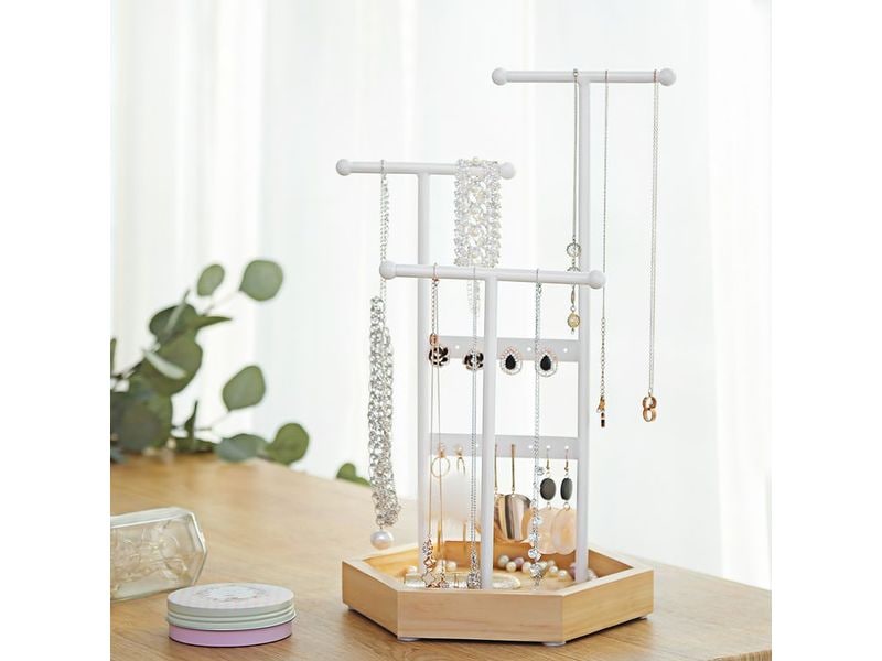 Songmics Schmuckhalter 36 cm, Weiss-Natur Schmuckständer mit Schale