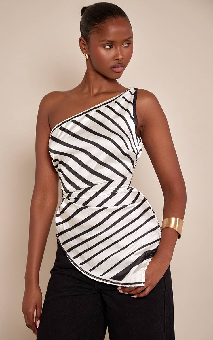 Blanc Haut Asymétrique À Une Épaule En Satin Rayé