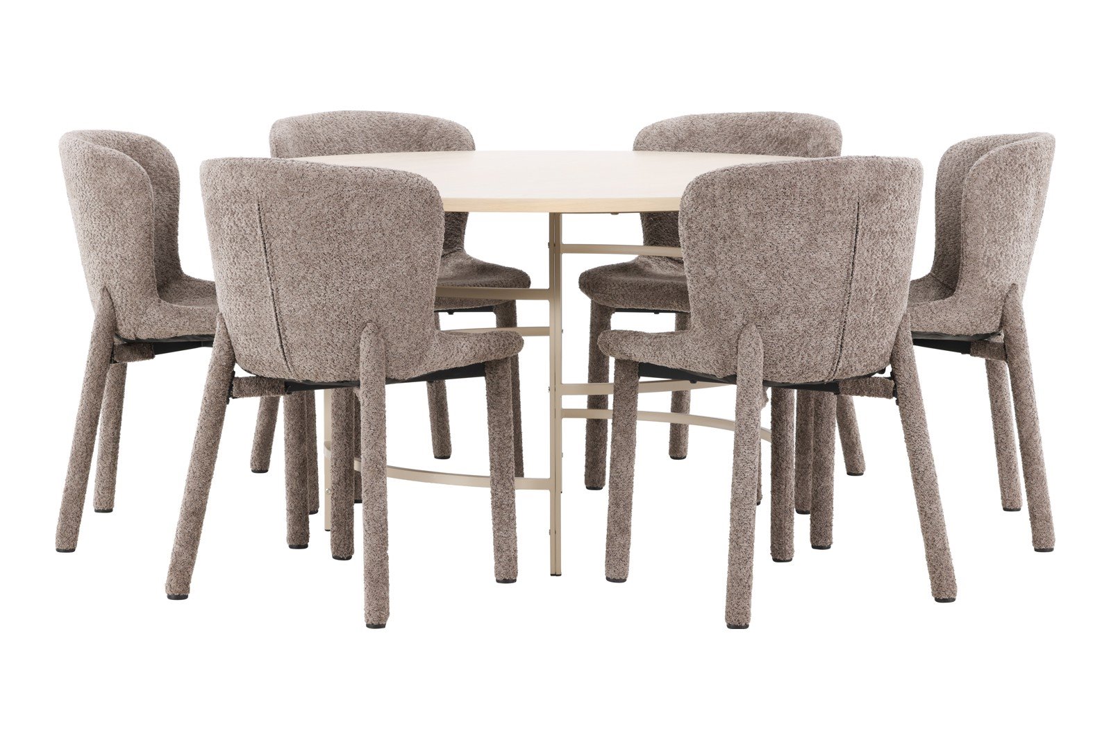 Copenhagen og Astoria Spisegruppe Copenhagen rundt spisebord Ø140 cm i hvit polert med 6 stk. Astoria spisestoler i Brown bouclé.