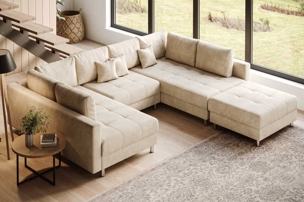 XXL Wohnlandschaft KENT 305cm champagner beige Vogue Velours Samt Federkern mit Hocker