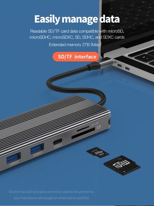 NÖRDIC 1 til 10 USB-C dockingstation 1xHDMI 8K30Hz 1xDP8K 30Hz 2xUSB3.0, 1xUSB-C, 1xRJ45 GigaLan, 1xPD 87W, 1xSD & 1xMicroSD 1xAux stereo