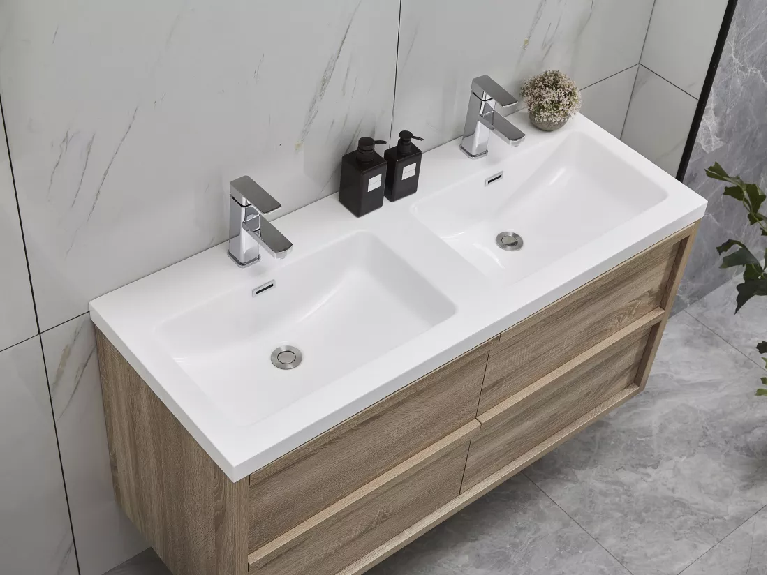 Meuble de salle de bain suspendu avec vasque à encastrer - Coloris naturel clair - 120 cm - QUADRA
