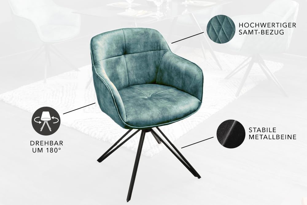 invicta INTERIOR Drehbarer Design Stuhl Euphoria 180° Petrol Samt mit Armlehne Metallgestell schwarz Küchenstuhl Esszimmerstuhl Esstischstuhl Samtstuhl