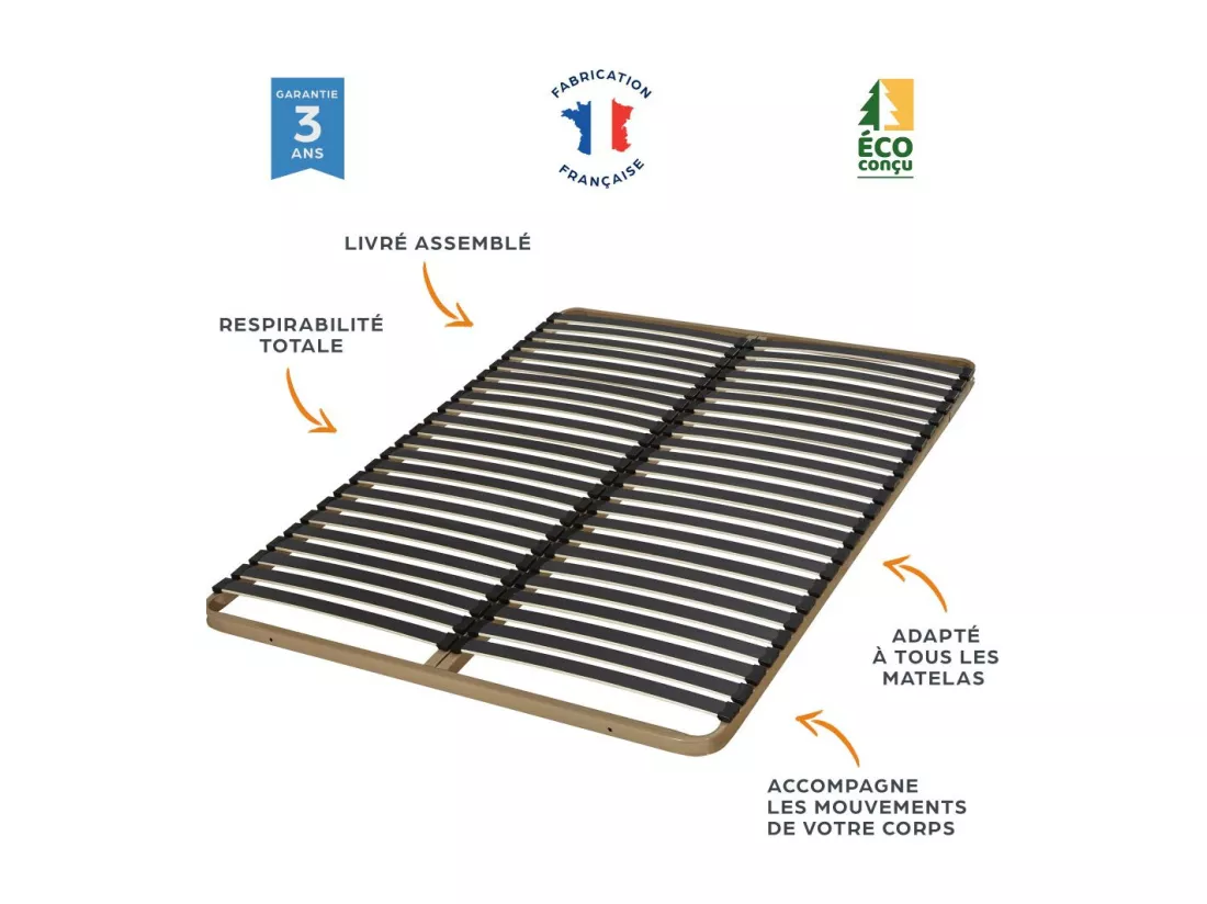 Sommier à lattes + pieds 2x90x200 Theta - 48 lattes bois - Fabrication française