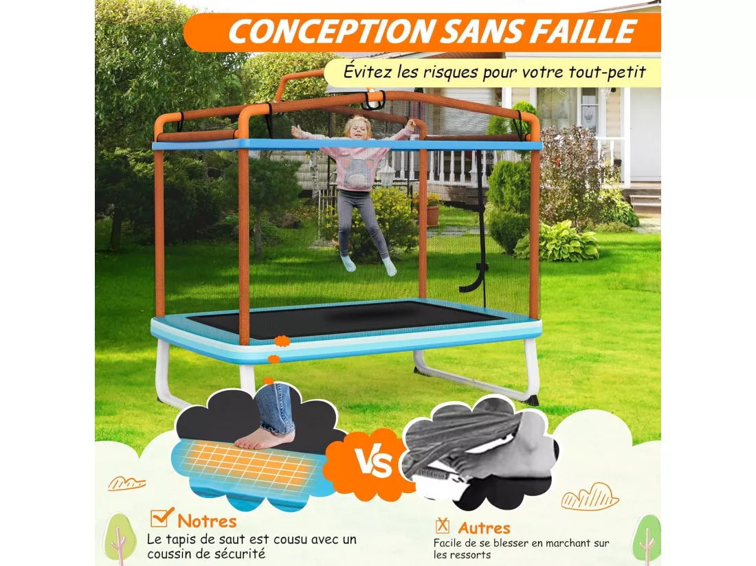 3 en 1 Trampoline Extérieur Enfants Rectangulaire (190x124cm) avec Balançoire & Barre Horizontale, Trampoline de Jardin avec Filet de Sécurité, Charge Max 110kg pour Garçon et Fille