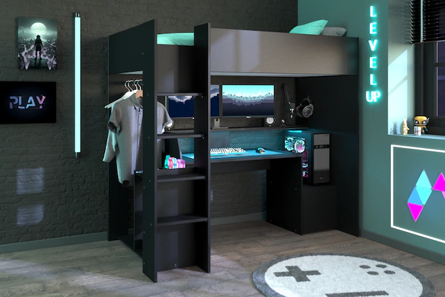 Parisot Hochbett »Meddox, TOPSELLER! OTTOs Choice, Gamerbett,  LED, Schreibtisch« Gesamtaussenmasse B/T/H  203,7/94,4/180 cm,  Kleiderstange, viel Stauraum, ideal für kleine Räume, ALL-IN-ONE Bett