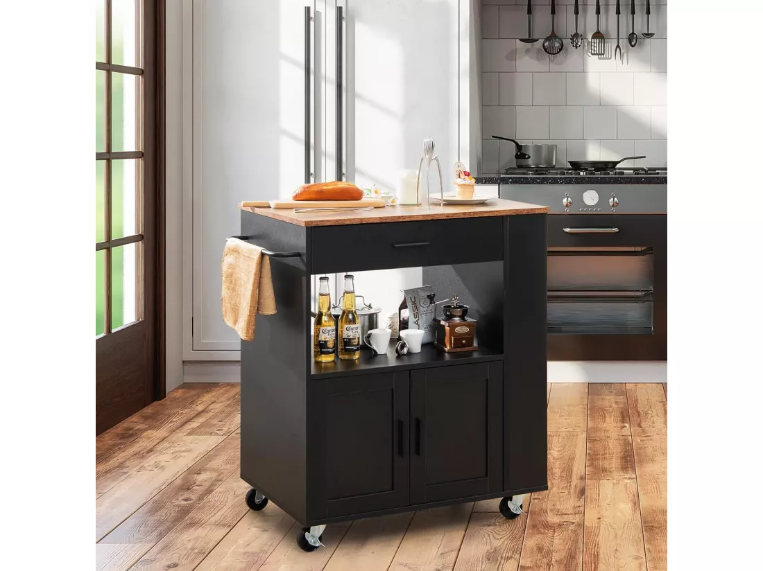 Desserte de Cuisine sur Roulettes (2 Verrouillables), Chariot de Cuisine avec Plateau en Bois et Placard, 3 Support à Épices, Chariot de Service Tiroir et Étagère Ouverte, 46x82x92 cm, Noir