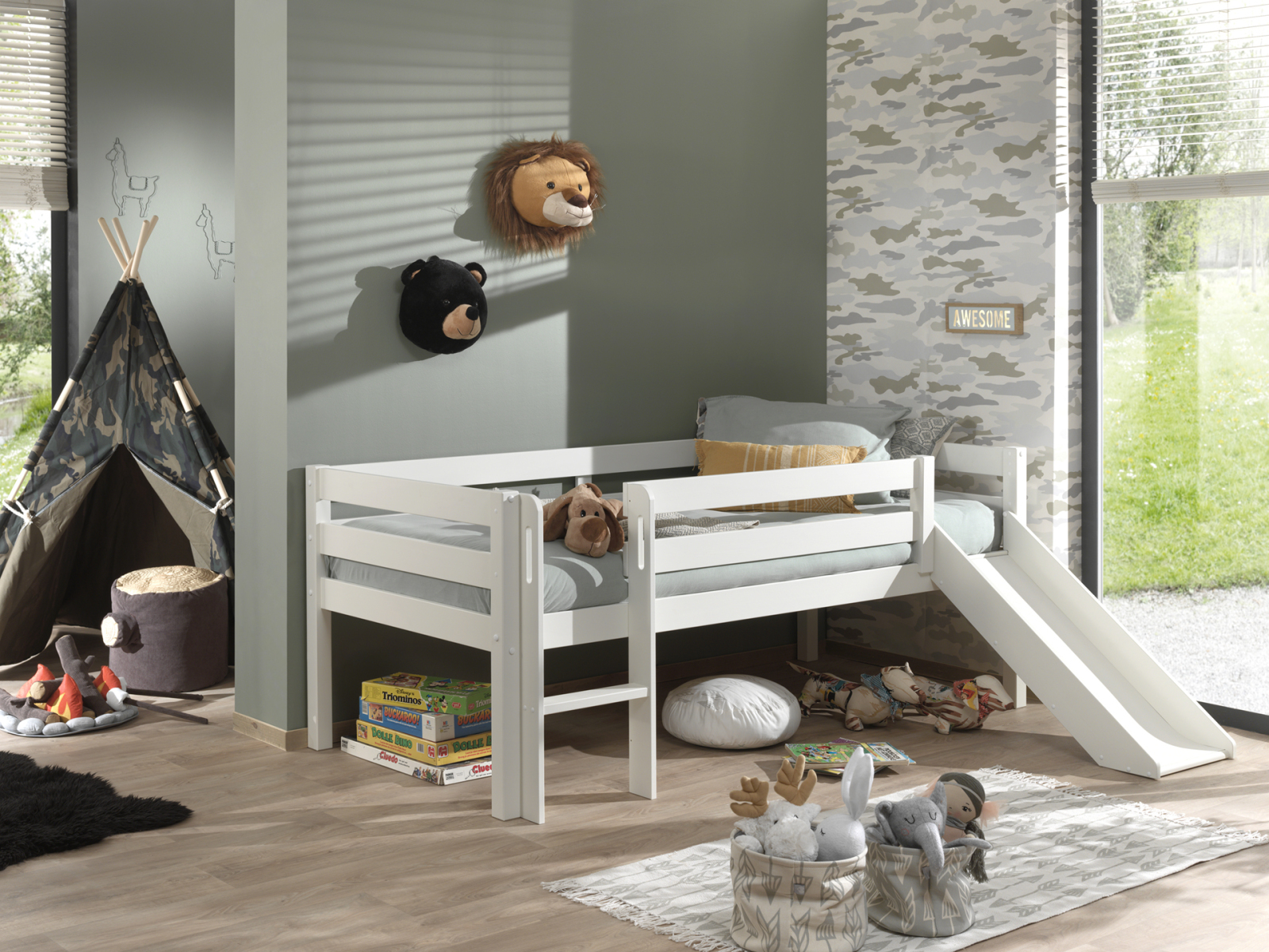 Kojen-Spielbett - weiß - Leiter - Rutsche - 90x200 cm