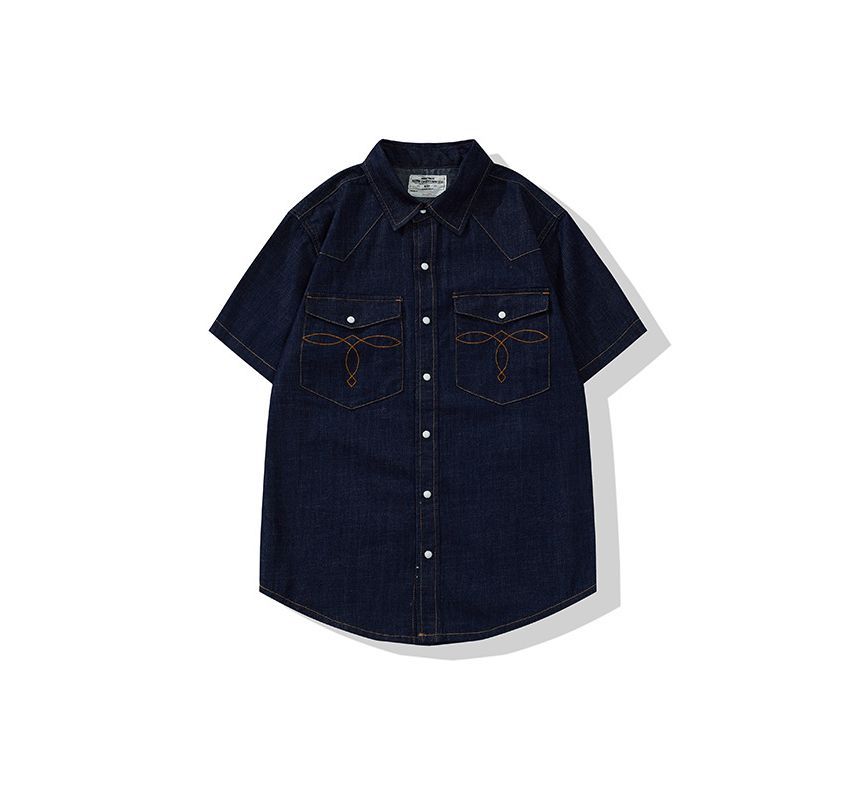 OKONKWO - Denim overhemd met korte mouwen, kraag en zakken