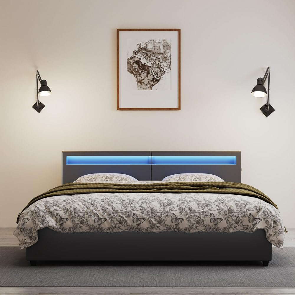 Home Deluxe - LED Bett NUBE - Schwarz, 270 x 200 cm - inkl. Matratze, Lattenrost und Schubladen I Polsterbett Design Bett inkl. Beleuchtung