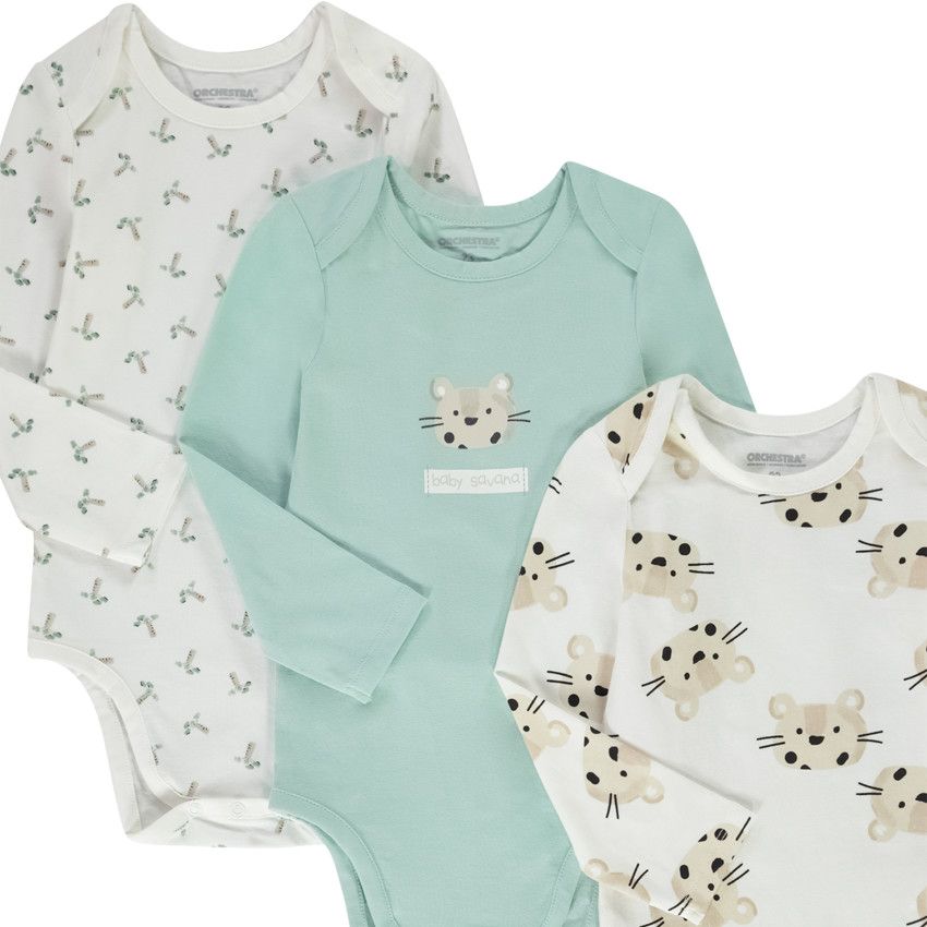 Lot de 5 bodies manches longues motifs léopard pour bébé garçon avec ouvertures différentes selon l'âge - Ecru