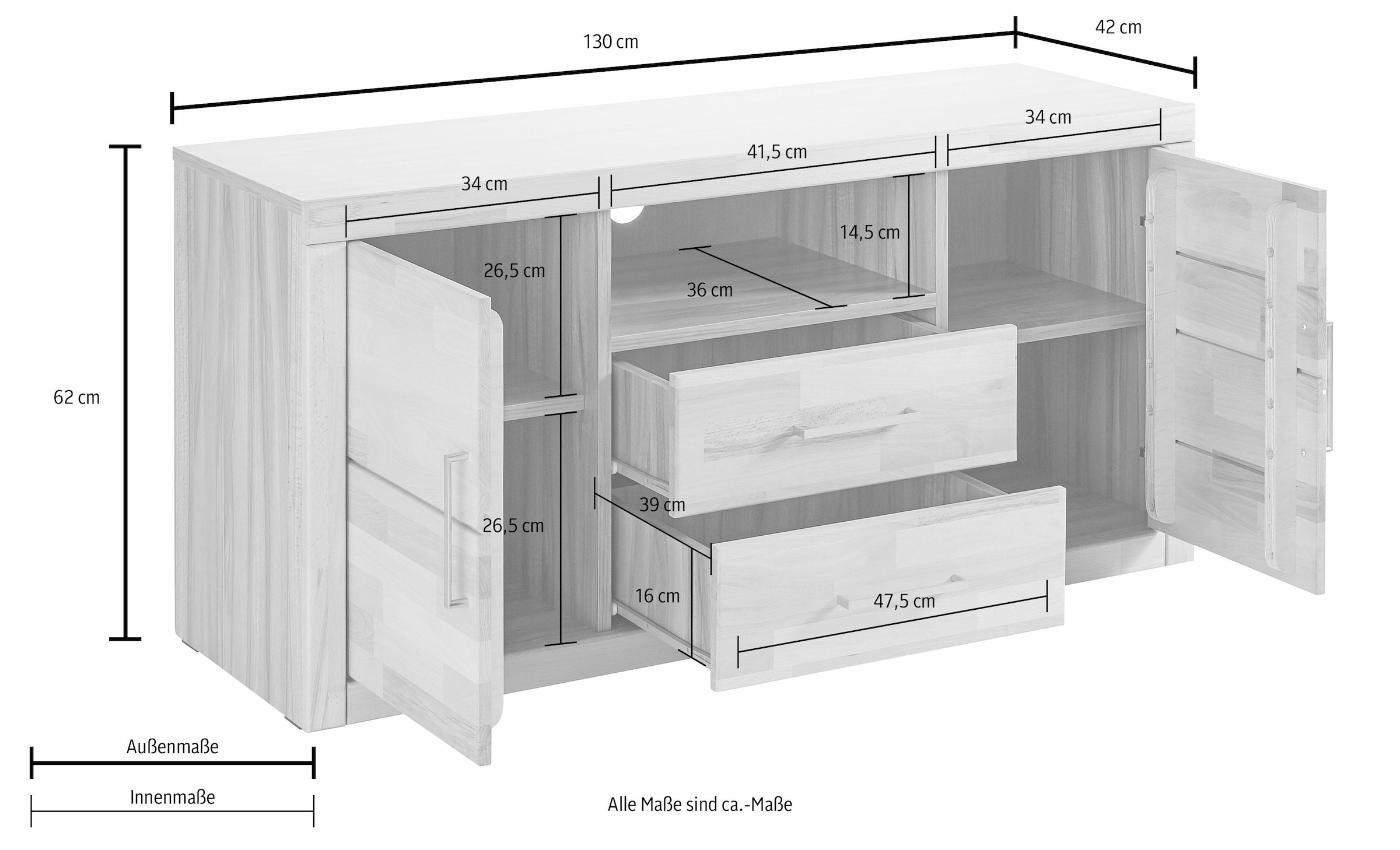 Home affaire Lowboard »Logo,130cm breit, Fronten Massivholz,5 Fächer« Holz massiv, Holzwerkstoff, Metall Griffe,2 Türen,2 Schubladen