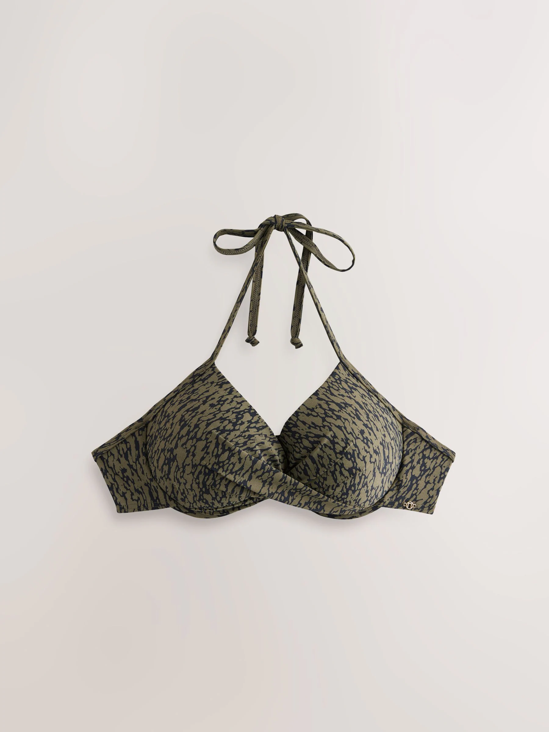 Khaki/zwarte print - Bikinibeugeltop met vulling en lage decolleté