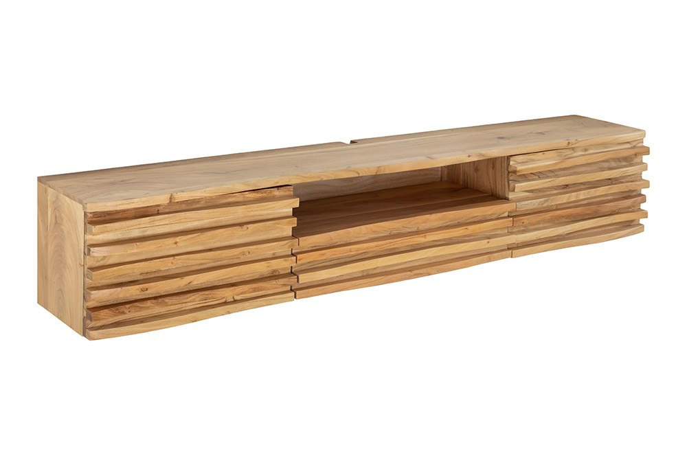 Hängendes TV-Lowboard RELIEF 200cm natur Akazienholz massiv mit aufwändiger Front