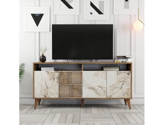 CONCEPT1 - Bahut Milan noyer marbre blanc 160 x 35 x 78cm