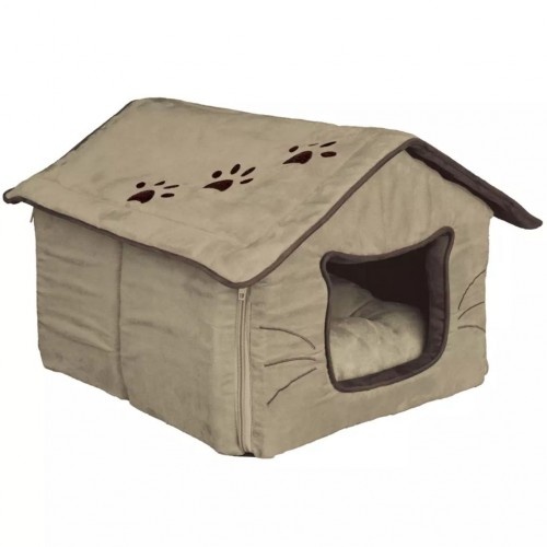 Cama bege para animais de estimação com telhado em formato de casinha.