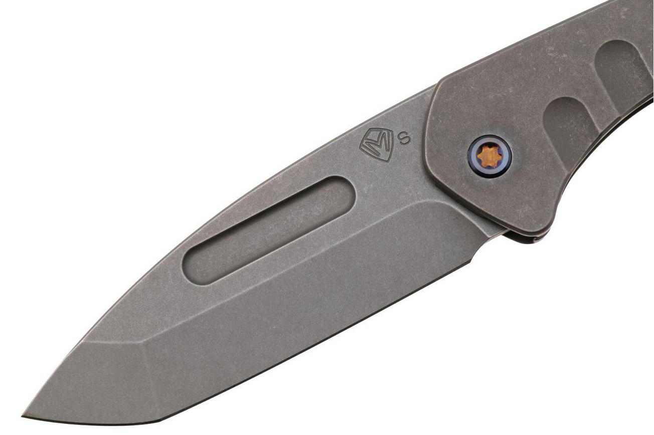 Medford Prae Slim 25-PS-04, Old School Tumbled S45VN Tanto Blade, Old School Tumbled Handle, Flamed Hardware zakmes