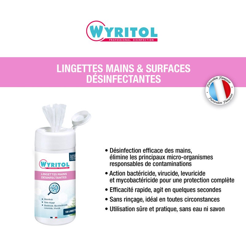 Lingettes nettoyantes désinfectantes mains Wyritol Professional Desinfection - Boîte de 100
