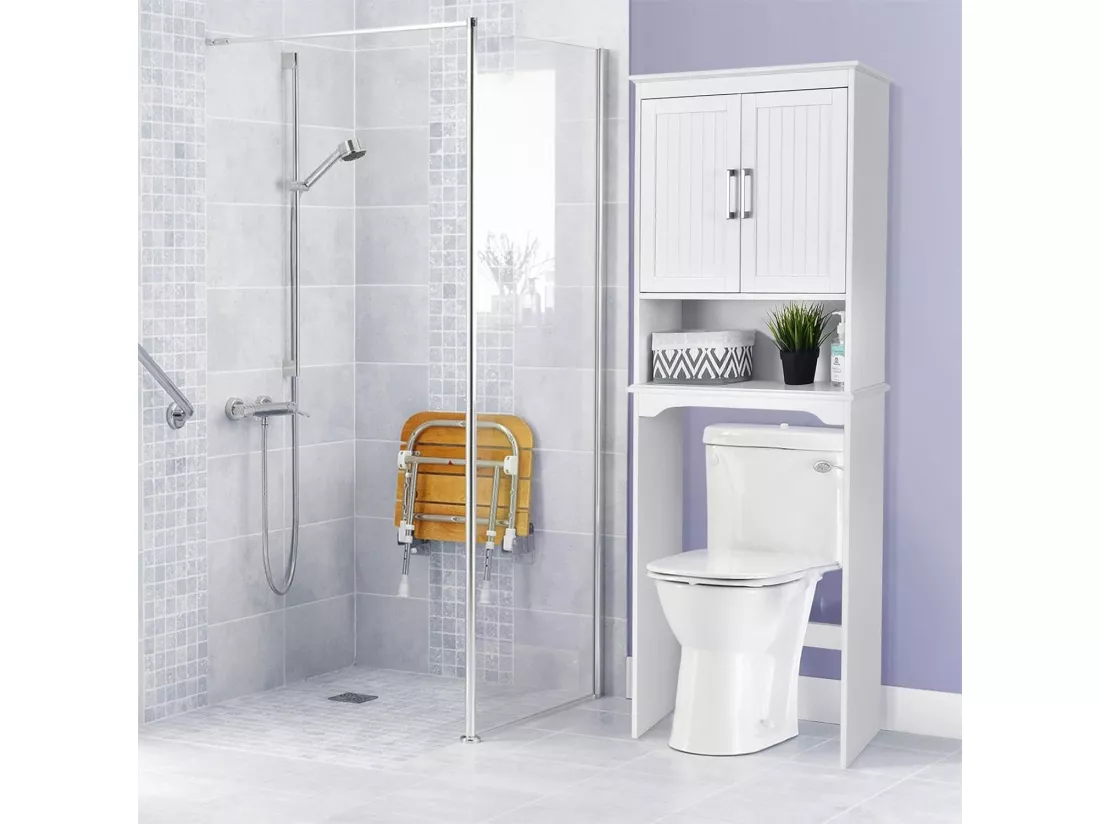 Meuble wc dessus de toilettes avec 3 étagères pour rangement blanc moderne 63 x 23 x 168 cm blanc