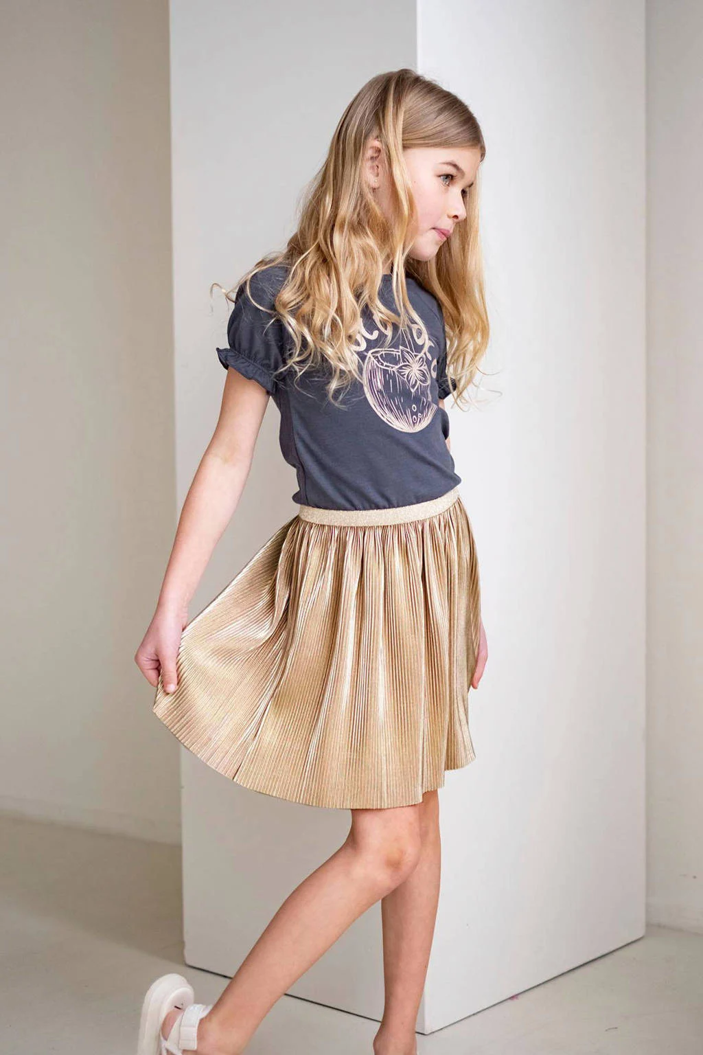 Like Flo jurk met ruches goud/donkerblauw