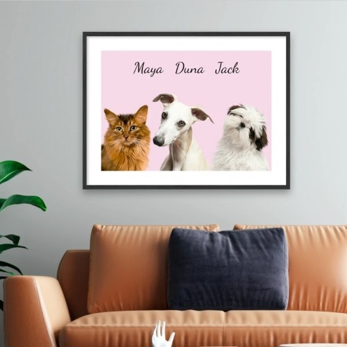 Retrato realista personalizado de 3 animais de estimação da MascoZoom com moldura de madeira preta.