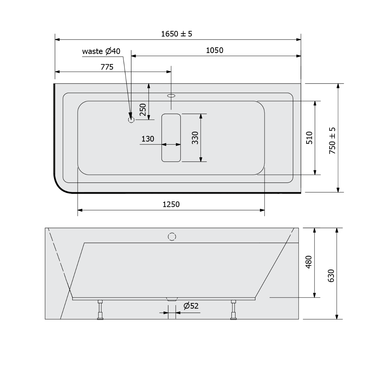 Polysan Marlene Curve ligbad rechts 165x75cm zwart