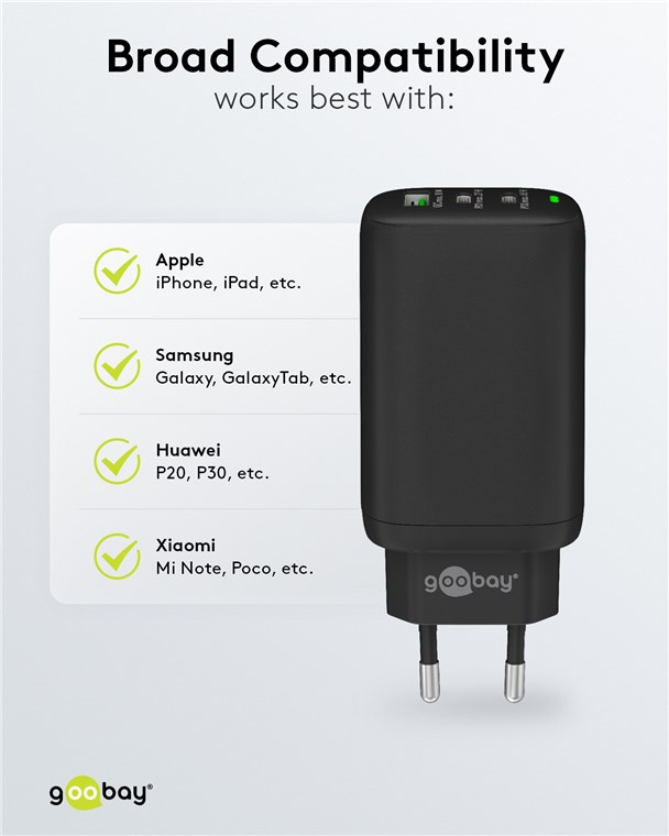 (65W/3A) Dual USB C / USB A GaN Ladegerät Netzteil Power Delivery / Quick Charge 3.0 (61760) - Schwarz