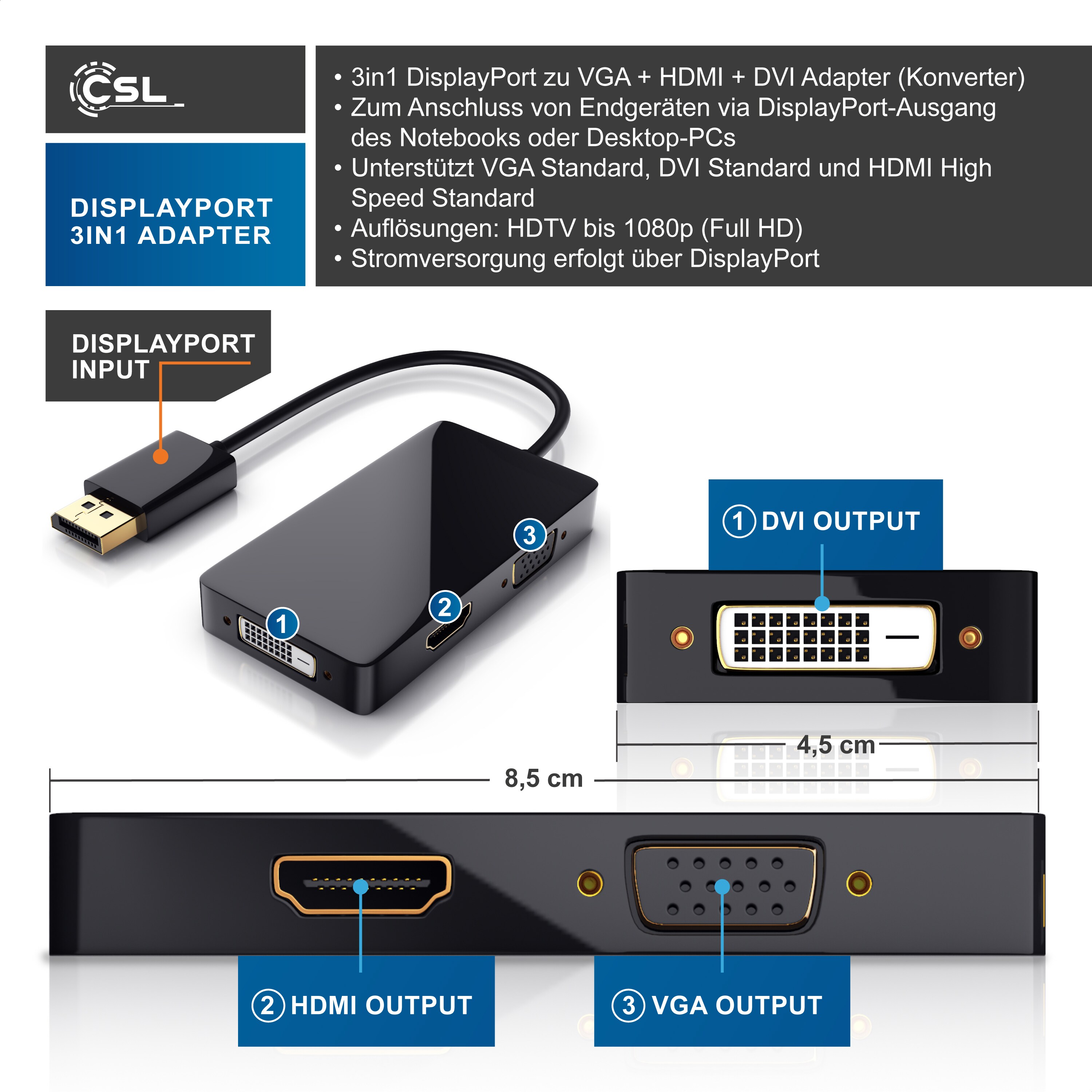 CSL DisplayPort Stecker auf HDMI, DVI, VGA Video-Adapter, 15 cm, 3in1, Konverter-Kabel, Full HD 1080p
