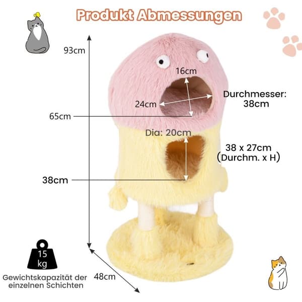 Liten skrapestolpe 93cm høy monstertema kattetre med 2 kattehuler rosa + gul