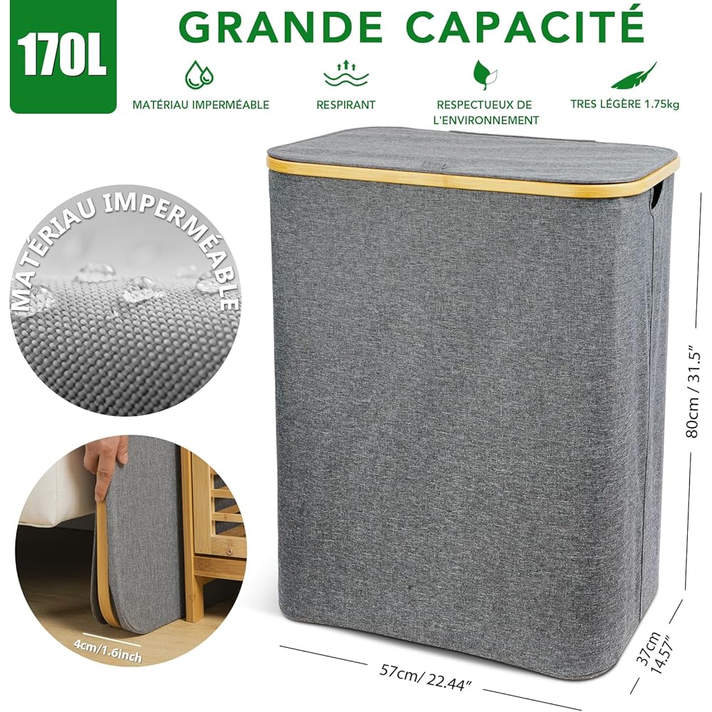 SOUTHGATE 170L Panier à Linge 3 compartiments Avec Couvercle, Panier Linge Pliable Avec Trois Sacs à Linge Amovibles, Convient Pour La Chambre à Coucher, Salon, Buanderie, Gris : Cuisine et Maison