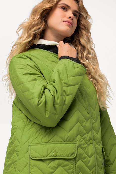 Long-Steppjacke, Zackenstepp, Rundhals, Druckknöpfe