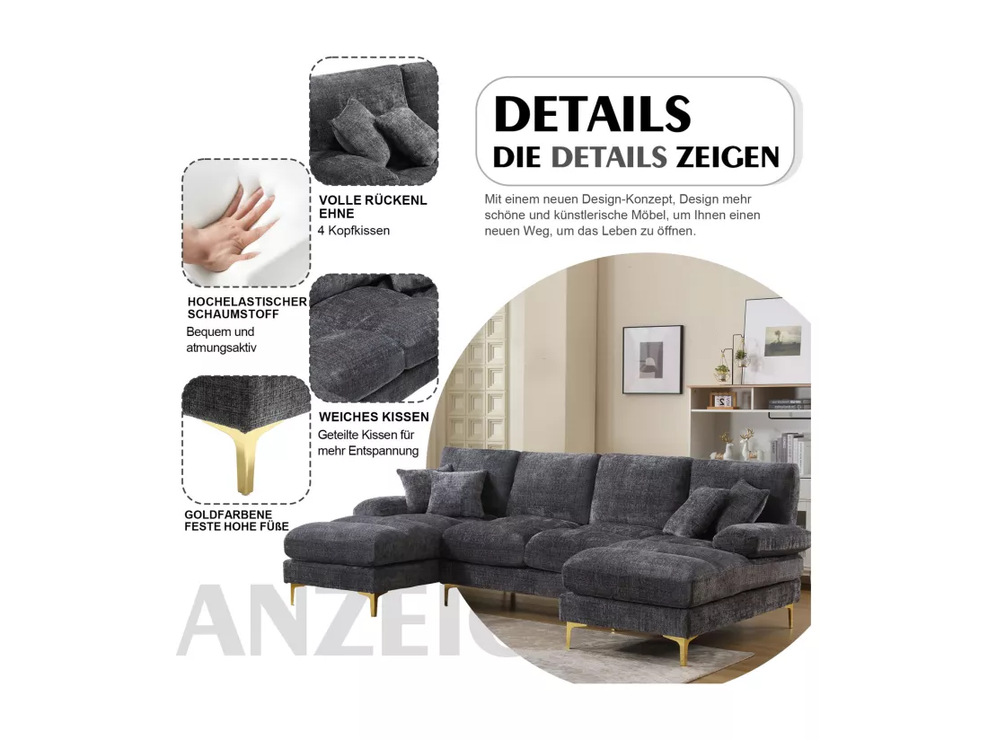 Canapé d'angle 4 places, 272x136x88cm,Grand canapé en forme de U, moderne, en tissu chenille, gris