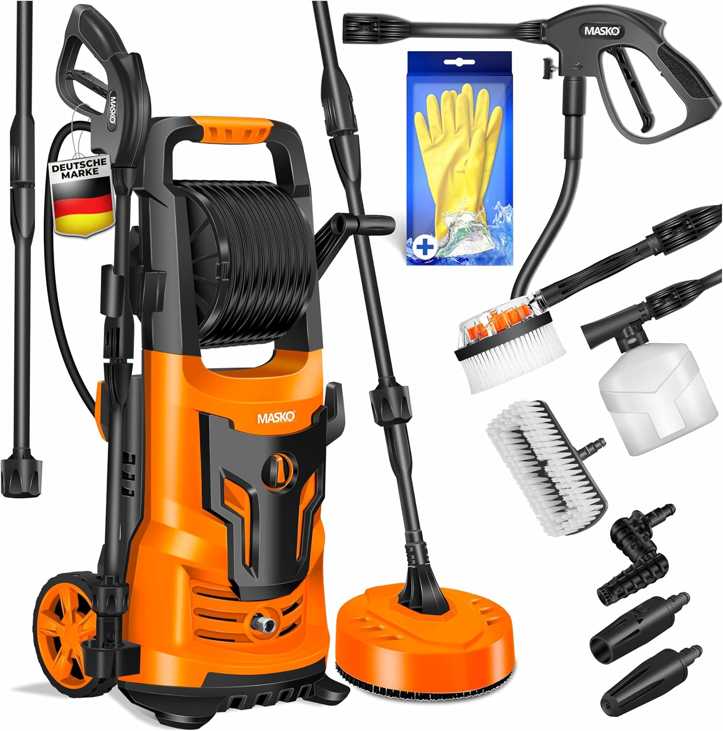 MASKO® Hochdruckreiniger 2200 Watt 165 bar 450 l/h, mit Spule Schlauchtrommel 10m Schlauch 9 TLG Zubehör Set, mit Handschuhen, Seifenflasche, Schaumdüse, Hochdruckpistole für Autos/Zäune/Garten/Patios