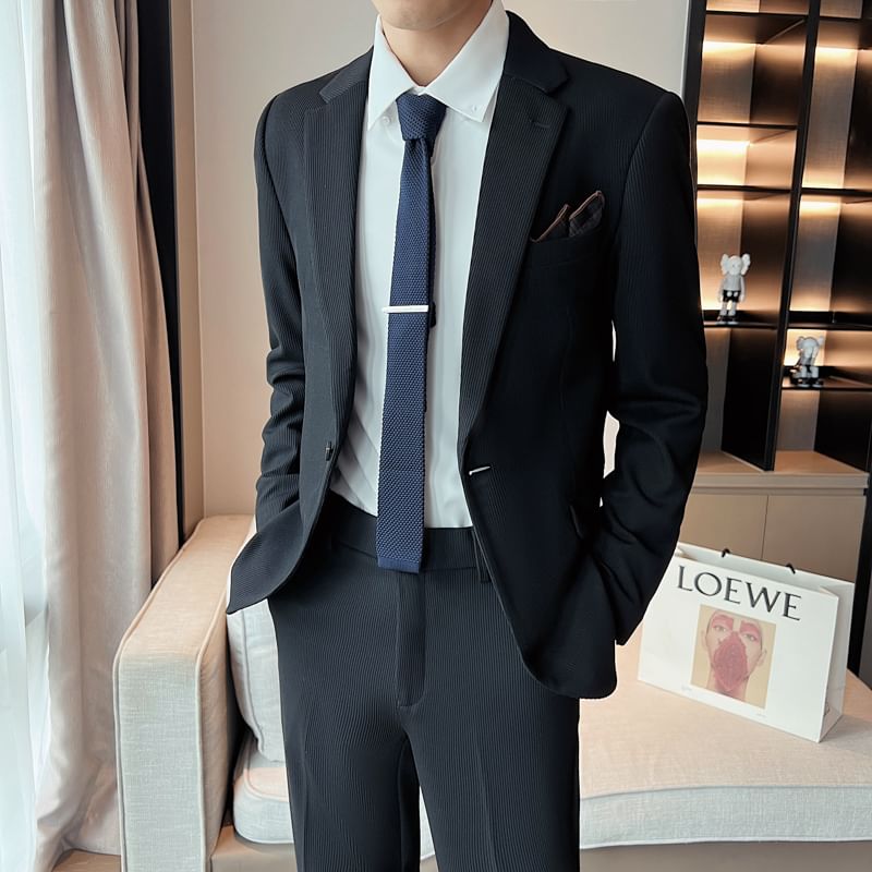 Bay Go Mall - Set: effen blazer met inkeping, revers en één knoop + rechte, cropped pantalon met middelhoge taille