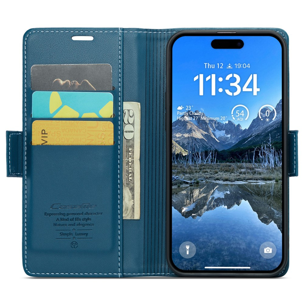 iPhone 16 Leder Tasche Flip Wallet Etui mit Kartenfächern Litchi Look (RFID Schutz) - Blaugrün