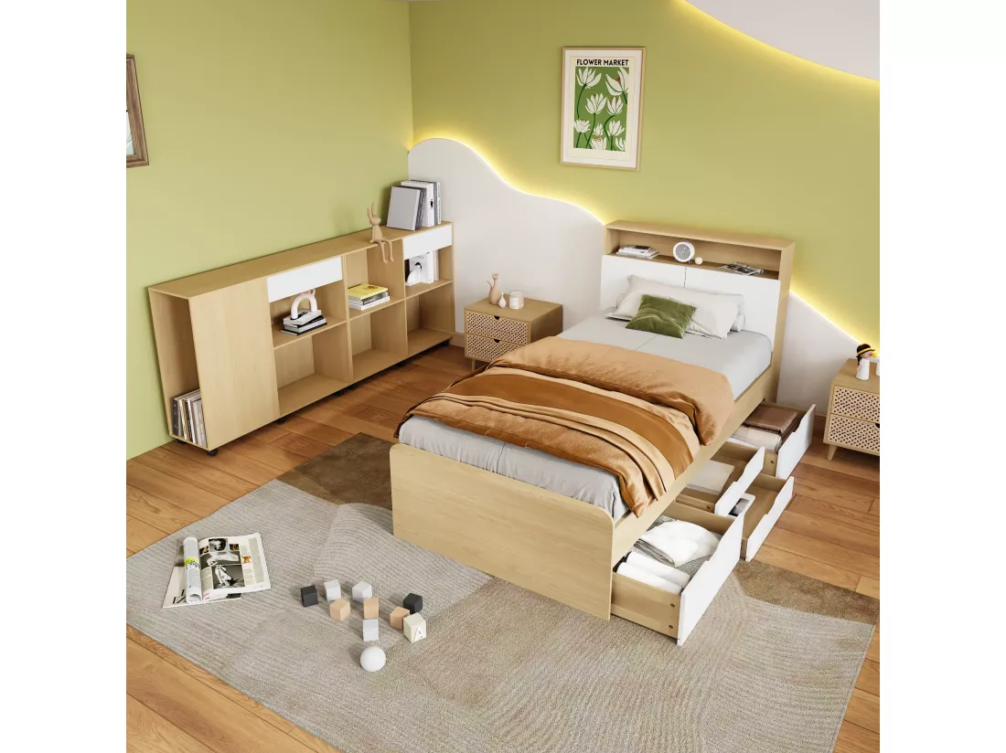 Ensemble lit enfant 90 x 200 cm avec 4 tiroirs et 2 armoires à roulettes - MDF + panneaux de particules - coloris blanc + chêne clair