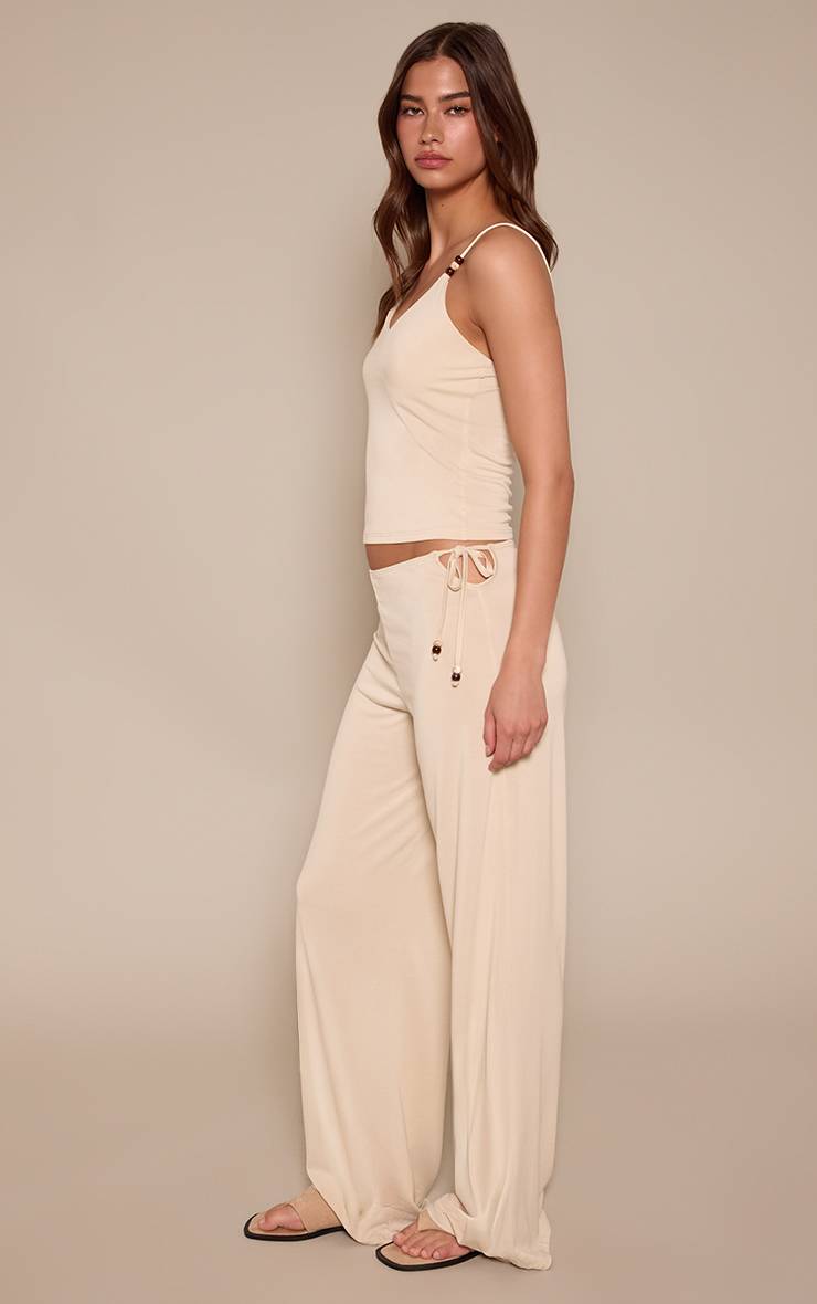 Crème Pantalon Fluide Modal À Liens Latéraux Ornés De Perles