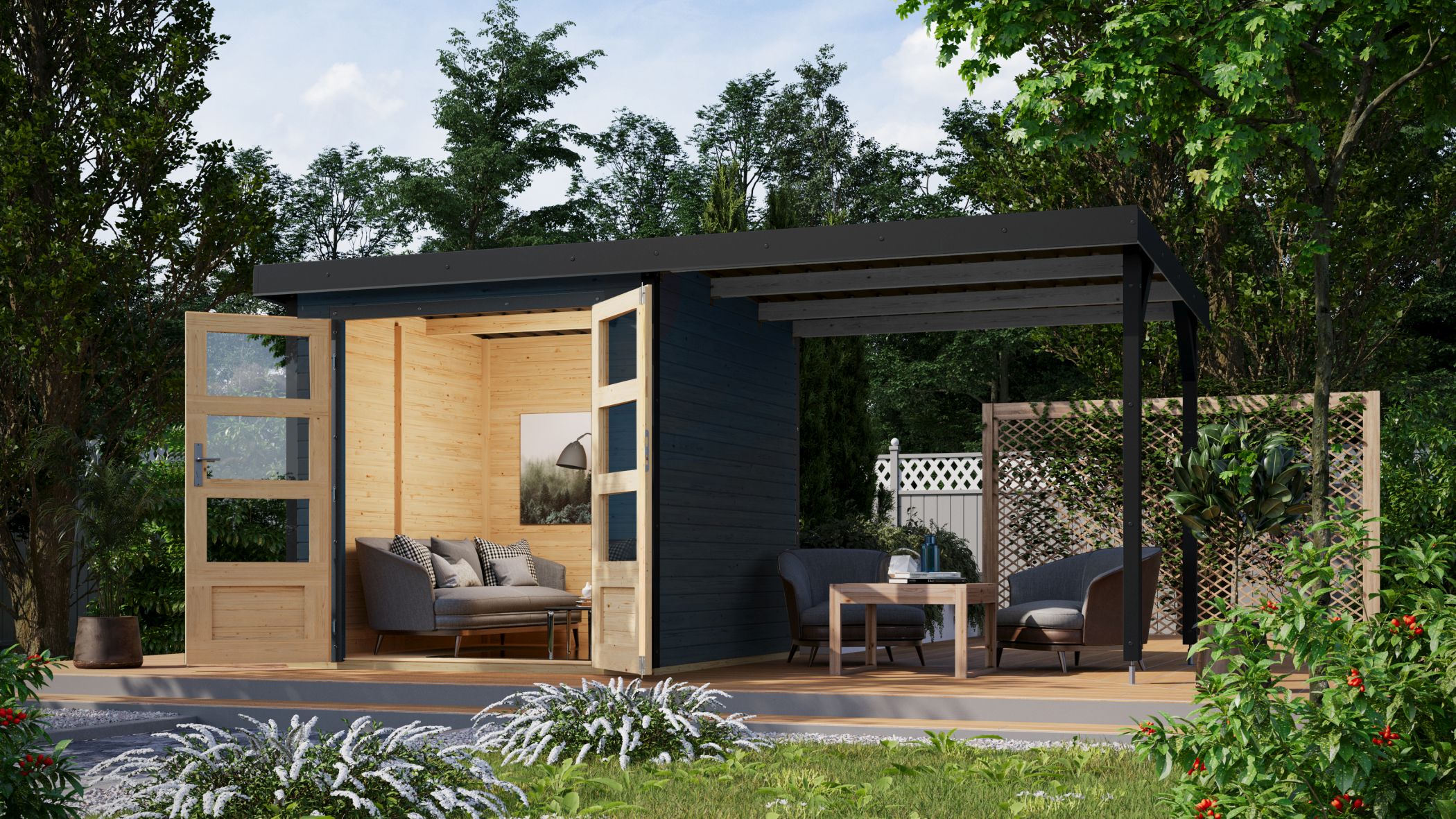 Karibu Hybrid Gartenhaus Hollywood im Set mit Anbaudach ca. 2,40 mbreit anthrazit inkl. Fußboden Gartenlaube Geräteschuppen Gartenhütte