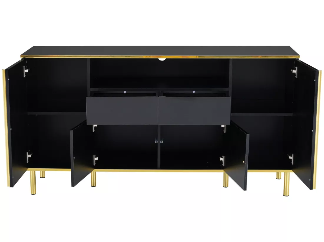 Buffet avec 4 portes et 2 tiroirs en panneaux de particules - leds - noir brillant