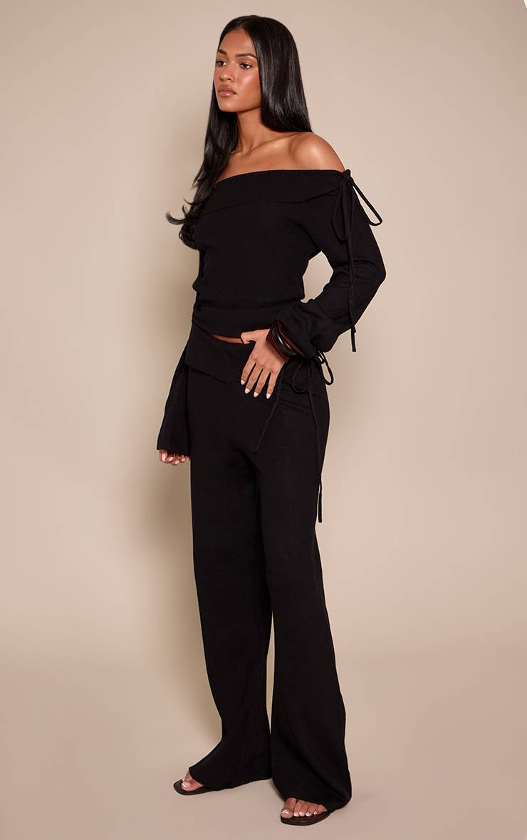 Noir Pantalon Large En Maille Taille Haute Avec Taille Repliable Et Liens Latéraux