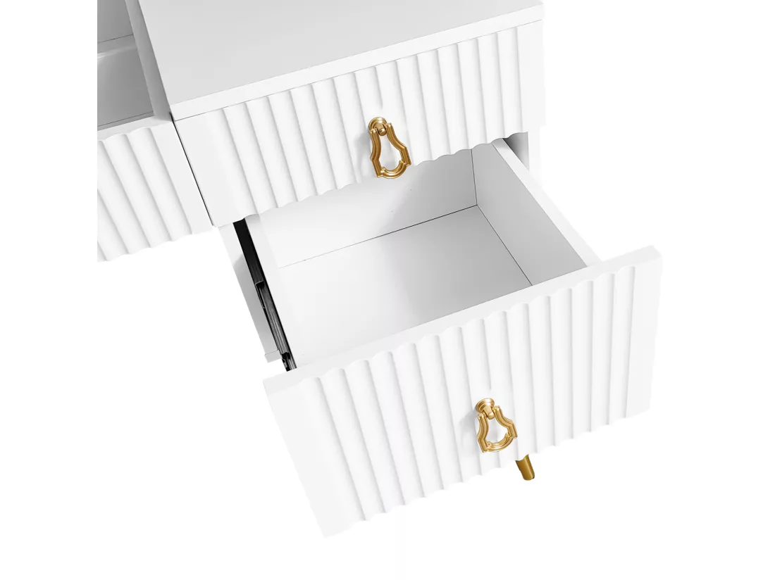 Coiffeuse - 4 tiroirs & miroir pliable à LED réglable - MDF - Blanc (tabouret non inclus)