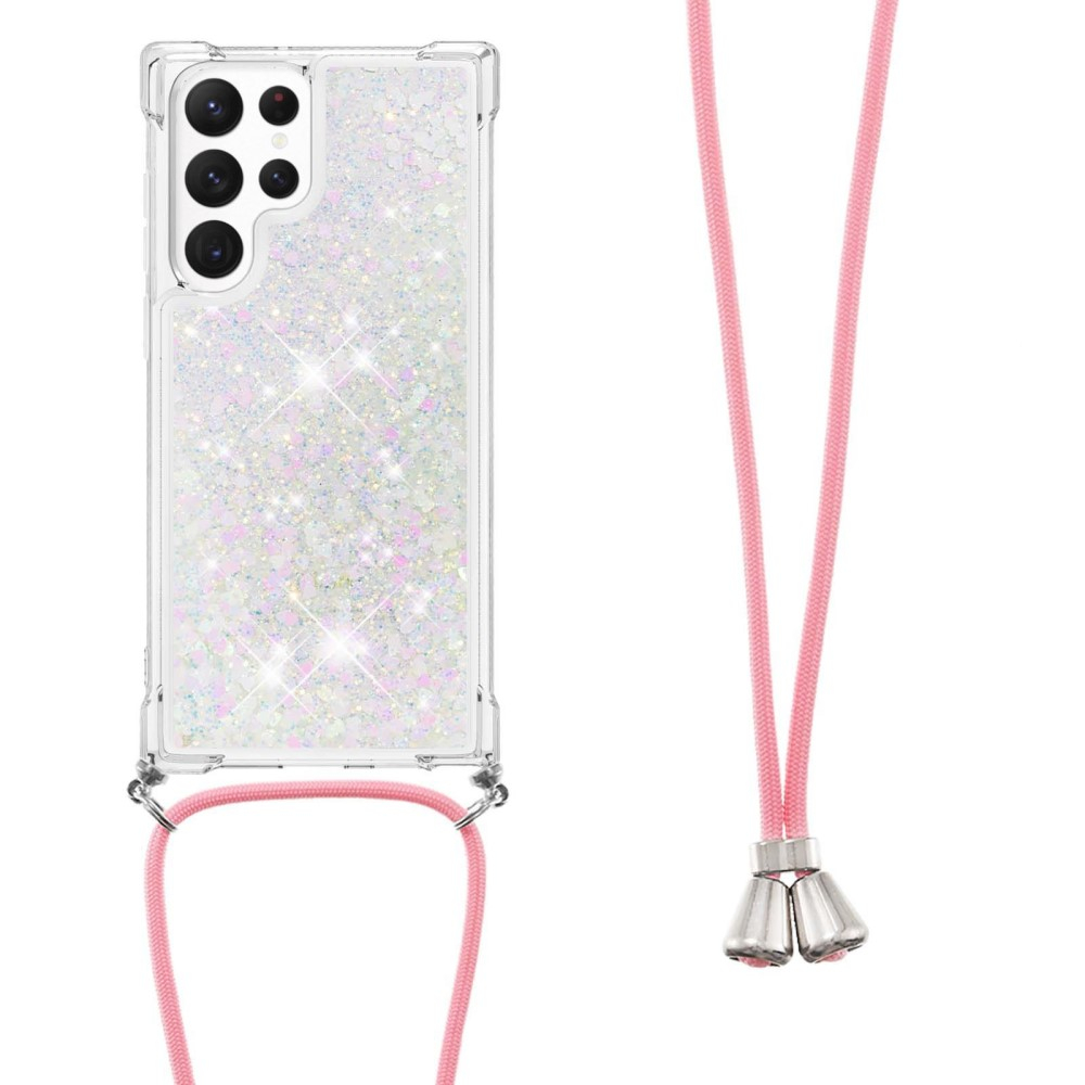 Samsung Galaxy S23 Ultra 5G Necklace Gummi Hülle Liquid Glitzer   Handykette (130cm) - Rosa / Silber