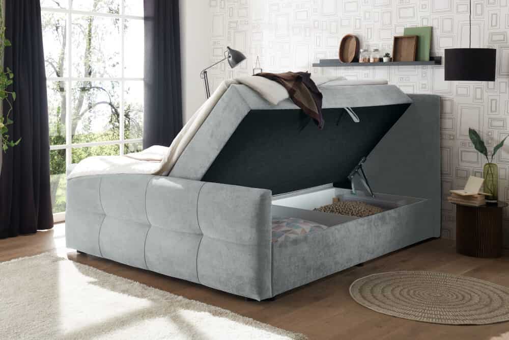 Modernes Boxspringbett TOULOUSE 160x200cm silbergrau inkl. Matratze Topper Stauraum