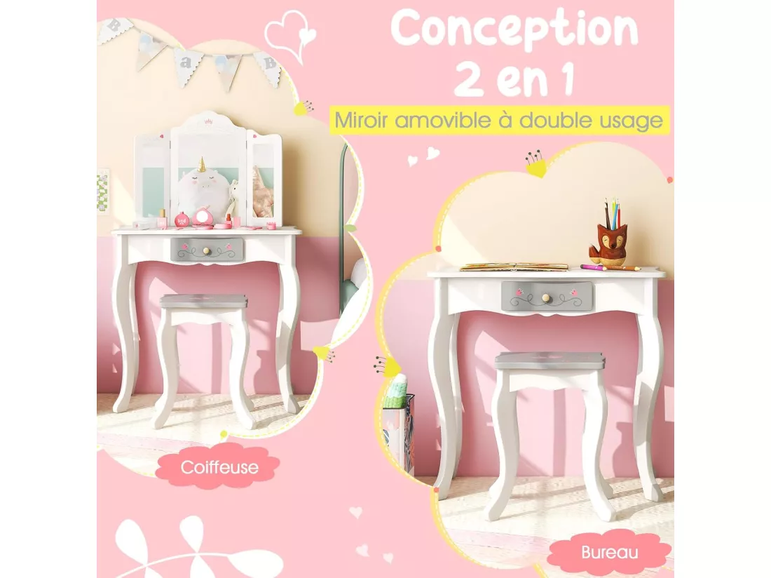 2 en 1 Coiffeuse Enfants avec Tabouret & Miroir Détachable à 3 Volets, Table de Maquillage en Motif Couronne avec 10 Jouets d'Habillage, Tiroir Pratique, Charge 50kg pour Enfants de 3 Ans+