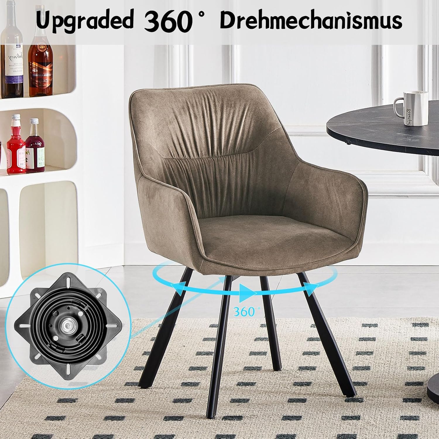LEWE Esszimmerstühle 4er Set Drehbar, 360° Drehstuhl, Ergonomisch Polsterstuhl, Küchenstühle mit Armlehne, Metallbeine, Kurzflor-Stoff für Esszimmer Wohnzimmer Schlafzimmer, Braun