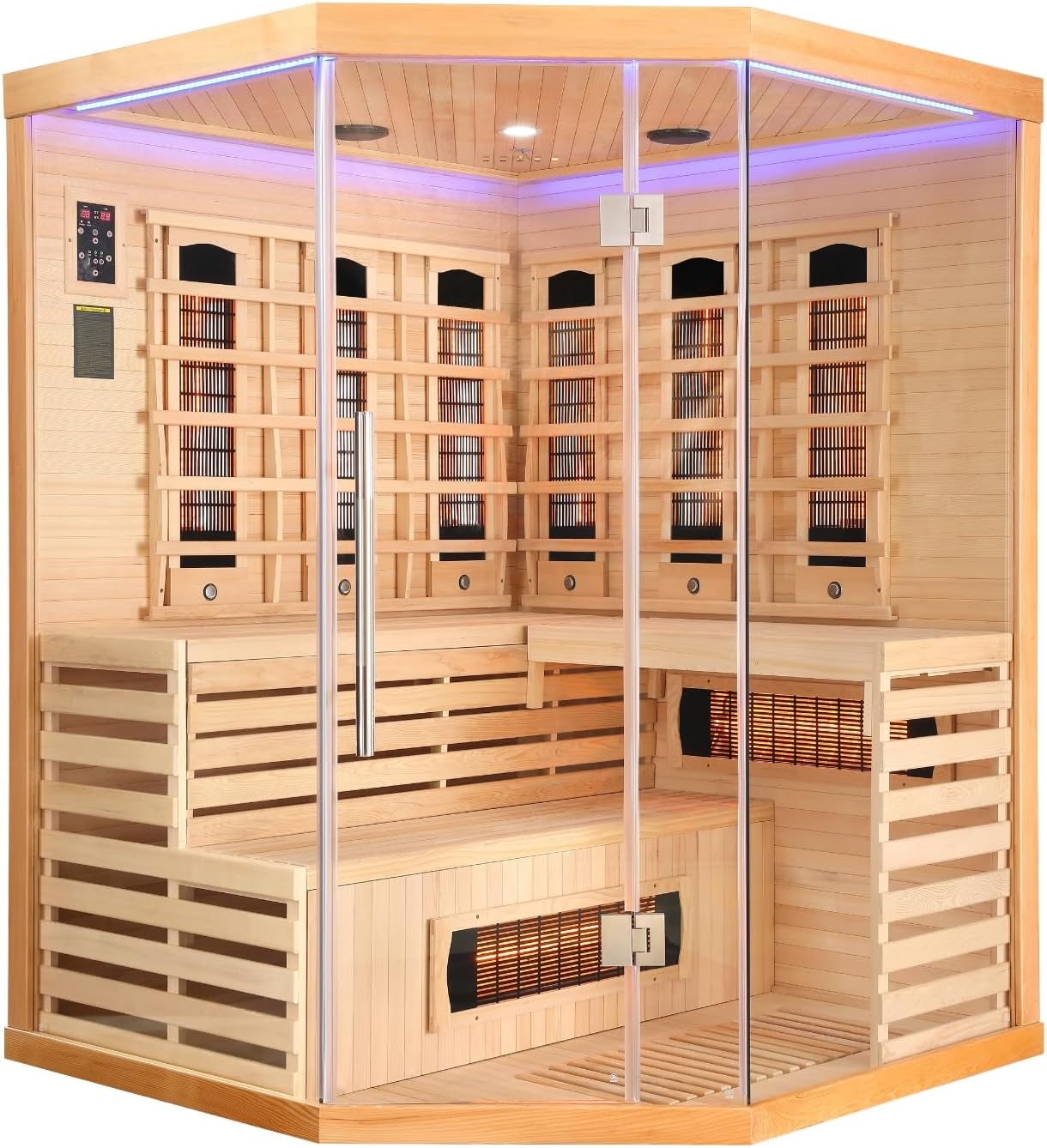 SANOTECHNIK Infrarotkabine Deluxe – Infrarotsauna für 3–4 Personen 150×150×200cm | 8 Vollspektrum-Strahler + 1 Carbon-Platte (2580W), LED-Farblicht, Bluetooth-MP3 – Art.Nr.: J21150